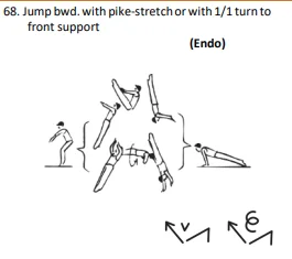 Jump bwd. with pike-stretch or with 1/1 turn to front support
