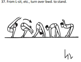 From L-sit, etc., turn over bwd. to stand.