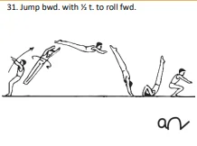 Jump bwd. with ½ t. to roll fwd.