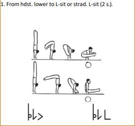 From hdst. lower to L-sit orstrad. L-sit (2 s.).