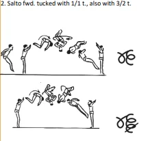 Salto fwd. tucked with 1/1 t., also with 3/2 t.