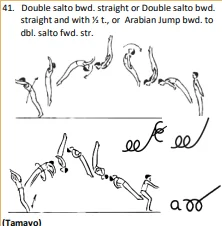Double salto bwd. straight or Double salto bwd. straight and with ½ t., or Arabian Jump bwd. to dbl. salto fwd. str