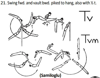 Swing fwd. and vault bwd. piked to hang, also with½ t.