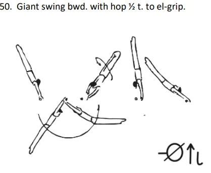 Giant swing bwd. with hop ½ t. to el-grip.
