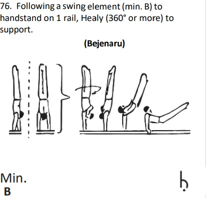 Following a swing element(min. B) to handstand on 1 rail, Healy (360° or more) to support.