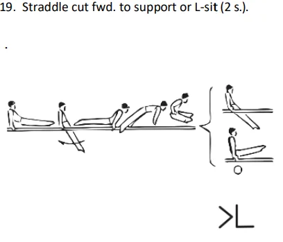 Straddle cut fwd. to support or L-sit (2 s.).