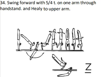 Swing forward with 5/4 t. on one arm through handstand. and Healy to upper arm.