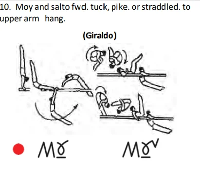 Moy and salto fwd. tuck, pike. orstraddled. to upper arm hang.