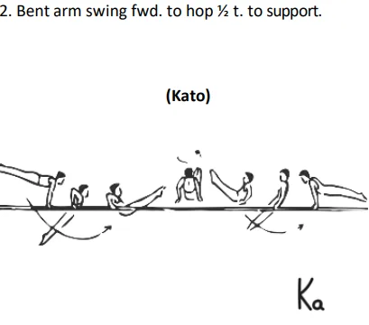 Bent arm swing fwd. to hop ½ t. to support.