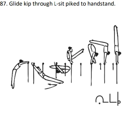 Glide kip through L-sit piked to handstand.