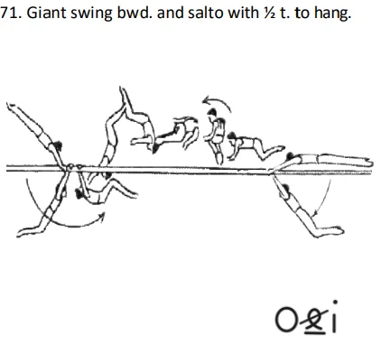 Giant swing bwd. and salto with ½ t. to hang.