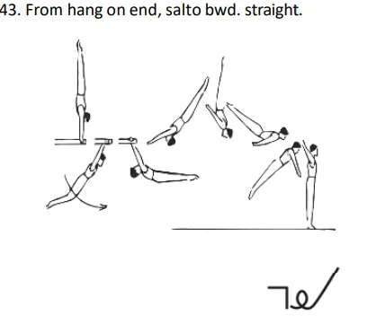 From hang on end, salto bwd. straight.