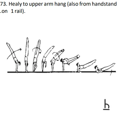 Healy to upper arm hang (also from handstand .on 1 rail).