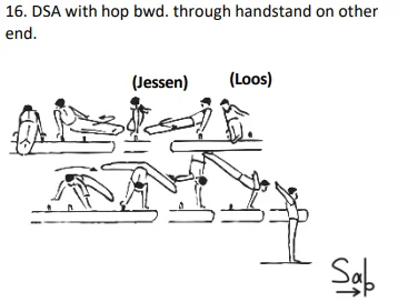 DSA with hop bwd. through handstand on other end.