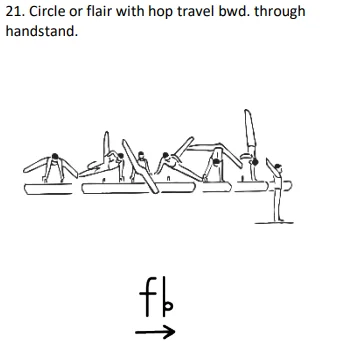 Circle or flair with hop travel bwd. through handstand.