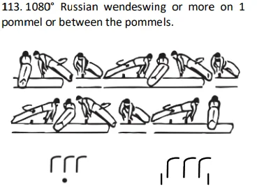 1080° Russian wendeswing or more on 1 pommel or between the pommels.