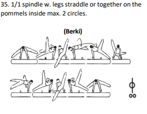 1/1 spindle w. legsstraddle or together on the pommels inside max. 2 circles.