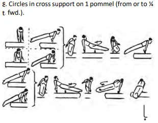 Circles in cross support on 1 pommel (from or to ¼ t. fwd.)
