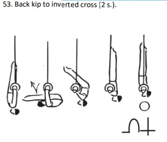 Back kip to inverted cross (2 s.).