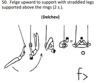 Felge upward to support with straddled legs supported above the rings (2 s.).