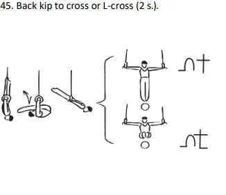 Back kip to cross or L-cross (2 s.).