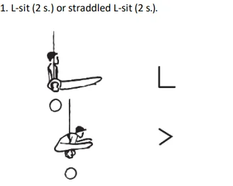 L-sit (2 s.) orstraddled L-sit (2 s.).