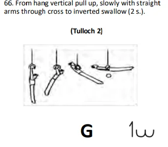 From hang vertical pull up, slowly with straight arms through cross to inverted swallow (2 s.).