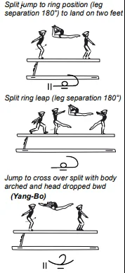 Split jump to ring position (leg separation 180°) to land on two feet, Split ring leap (leg separation 180°), Jump to cross over split with body arched and head dropped bwd
