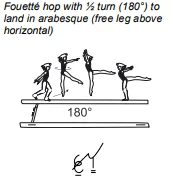 Fouetté hop with ½ turn (180°) to land in arabesque (free leg above horizontal)