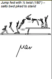 Jump fwd with ½ twist (180°) – salto bwd piked to stand