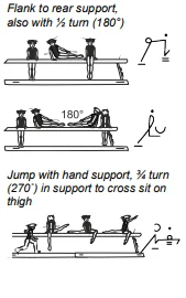 Flank to rear support, also with ½ turn (180°), Jump with hand support, ¾ turn “Flair” (Baitova) (270˚) in support to cross sit on thigh