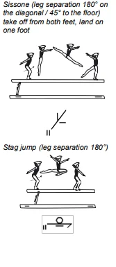 Sissone (leg separation 180° on the diagonal / 45° to the floor) take off from both feet, land on one foot, Stag jump (leg separation 180°)