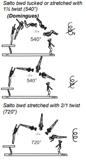 Salto bwd tucked or stretched with 1½ twist (540°), Salto bwd stretched with 2/1 twist (720°)
