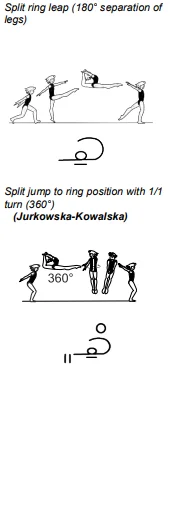 Split ring leap (180° separation of legs), Split jump to ring position with 1/1 turn (360°)