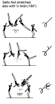 Salto fwd stretched, also with ½ twist (180°)