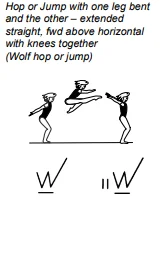 Hop or Jump with one leg bent and the other – extended straight, fwd above horizontal with knees together (Wolf hop or jump)