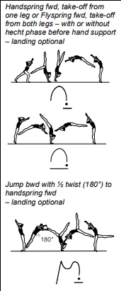Handspring fwd, take-off from one leg or Flyspring fwd, take-off from both legs – with or without hecht phase before hand support – landing optional, Jump bwd with ½ twist (180°) to handspring fwd – landing optional
