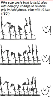 Pike sole circle bwd to hstd, also with hop-grip change to reverse grip in hstd phase, also with ½ turn (180°