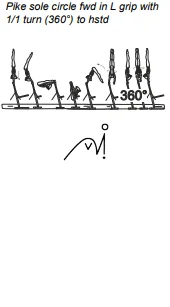 Pike sole circle fwd in L grip with 1/1 turn (360°) to hstd