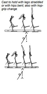 Cast to hstd with legs straddled or with hips bent; also with hopgrip change
