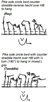 Pike sole circle bwd counter straddle-reverse hecht over HB to hang, Pike sole circle bwd with counter
straddle hecht over HB with ½
turn (180°) to hang in mixed L
grip