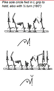 Pike sole circle fwd in L grip to hstd, also with ½ turn (180°)