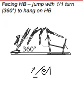 Facing HB – jump with 1/1 turn (360°) to hang on HB