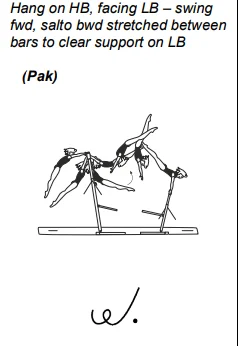 Hang on HB, facing LB – swing fwd, salto bwd stretched between bars to clear support on LB
