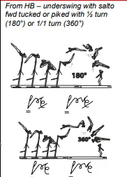 From HB – underswing with salto fwd tucked or piked with ½ turn (180°) or 1/1 turn (360°)